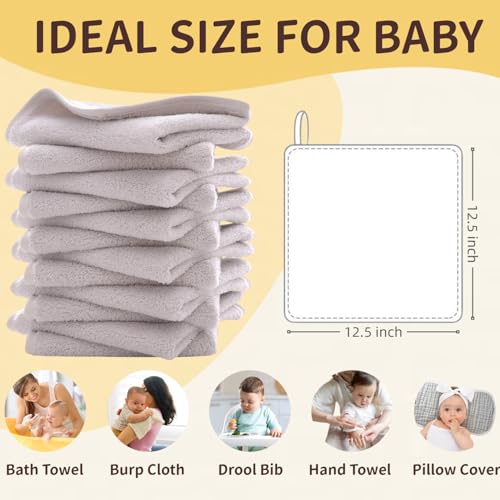 Image of MUKIN Baby Washcloths Set - 12 Pack 12x12 Inches Microfiber Coral Fleece Face Towel for Newborns, Infant, Toddlers or Kids. Ultra Soft and Absorbent wash Cloth for Baby (Gray)