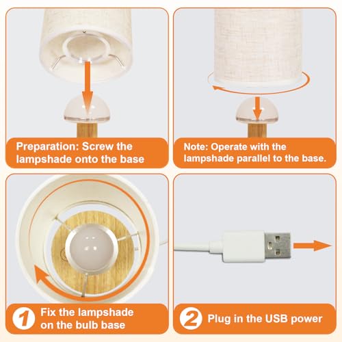 Image of Small Touch Table Lamps Set of 2 with Stepless Dimming&USB Plug, Natural Round Wood Base & Linen Fabric Shade |Soft Ambient Night Light |Minimalist Boho Bedside Lamp for Bedroom,Nursery,Kitchen,Dorm