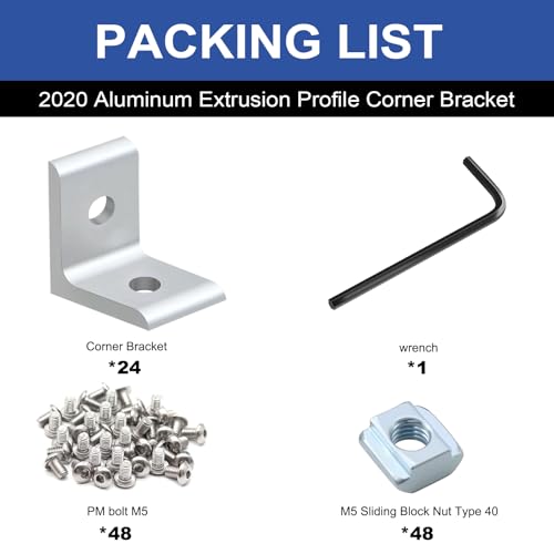 Image of 24 Pack 2020 Corner Bracket Connector 20 Series Aluminum Extrusion Profile Accessories Hardware, 90 Degree Angle Bracket for 20x20 Extruded Aluminum Silver