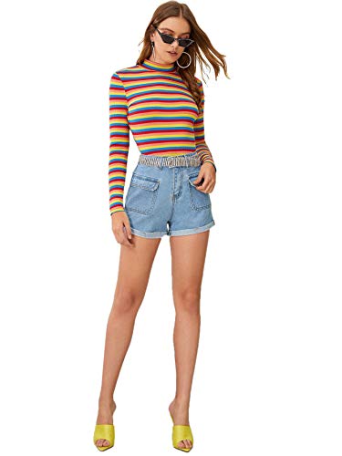 Floerns Women's High Neck Long Sleeve Slim Fit Stretch Striped T-Shirts, Multi-1, M