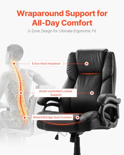 Image of VEVOR Executive Office Chair with Knob-Control Lumbar Support, 500lb Capacity Office Chair, Heavy Duty Ergonomic Chair, Height Adjustable PU Leather Reclining Home Office Desk Chairs, Black