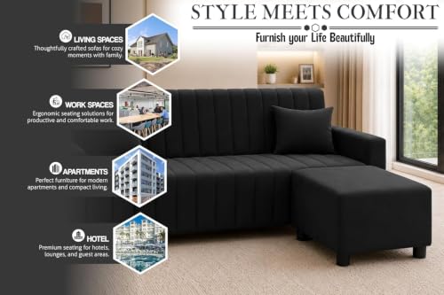 Image of Rosebell Wooden 3 Seater Sofa Set with Ottoman | Living Room Couch | with Cushions | Sofa for Home, Apartment & Office-Black Color