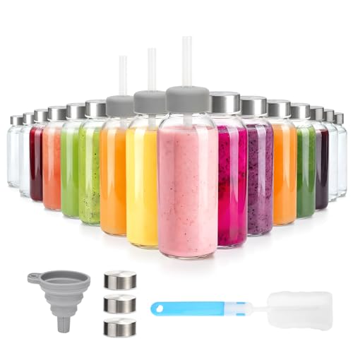 Image of Zukro 12 oz Glass Juice Bottles with Lids & Straw, Airtight & Leak proof, Reusable Clear Small Bottle With Stainless Steel Cap for Juicing, Water, Smoothie & Milk, Dishwasher Safe & BPA Free, 16 Pack