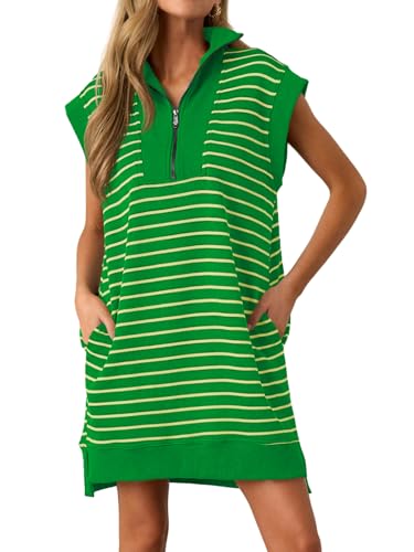 Image of Wenrine Womens Striped Mini Dress Casual Zipper Cap Sleeve Collared V Neck Loose Knit Summer Dresses