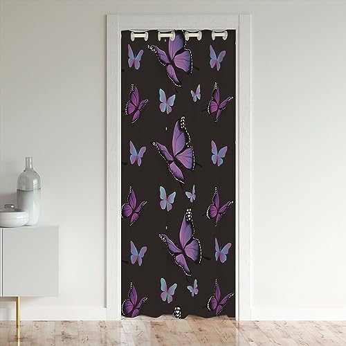 Loussiesd Butterfly Door Curtain for Doorway Privacy Butterflies Print Room Divider Curtain Cover for Kids Girly Window Treatments Luxury Purple Black Closet Door Cover Curtain for Bedroom 106x203cm