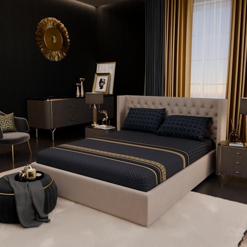 Image of Stoa Paris 100% Bamboo Cotton King Size Fitted Bedsheet with 2 Pillow Covers, 200TC Printed Bed Set, Breathable, All-Season Comfort, Home Decor, Imperial Grandeur -Obsidian Suite(182cmx198cm+30cm)