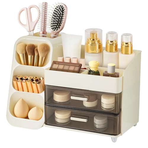 Makeup Organiser Make Up Case for Vanity with Brush Holder,Cosmetic Storage Box with Drawers, Skincare Organizer Products Jewelry Organizer Finishing Box for Bedroom Bathroom