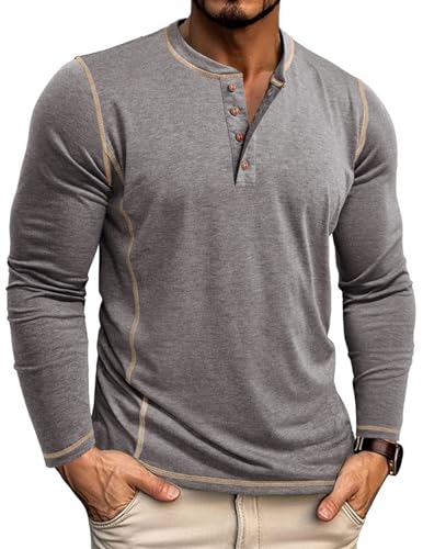 Tee Shirt Homme Manches Longues T Shirt Coton Henley T-Shirts Col Tunisien Décontracté Slim Fit Tshirt Gris M