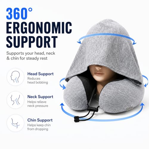Image of Hooded Travel Pillow for Airplane, Memory Foam Neck Pillow for Long Flights, 360 Head Neck & Chin Support, Light Blocking Privacy Hood, Adjustable Drawstring, Compact Carry Bag for Plane Car Office