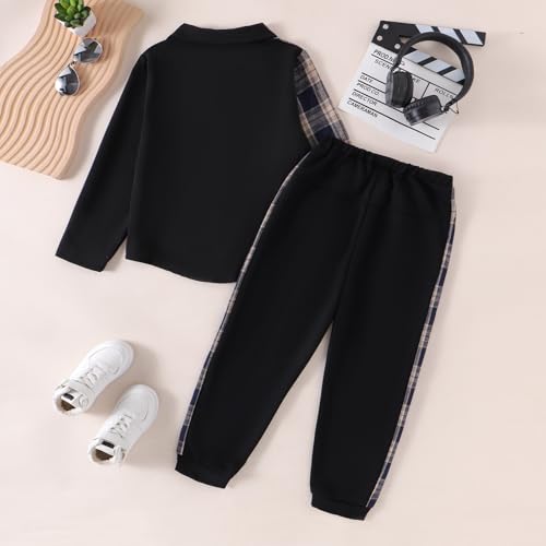 Image of Boy Clothes Fall Winter Outfits Long Sleeve Plaid Patchwork Button Down Shirt + Casual Pocket Sweatpants 5-14 Years