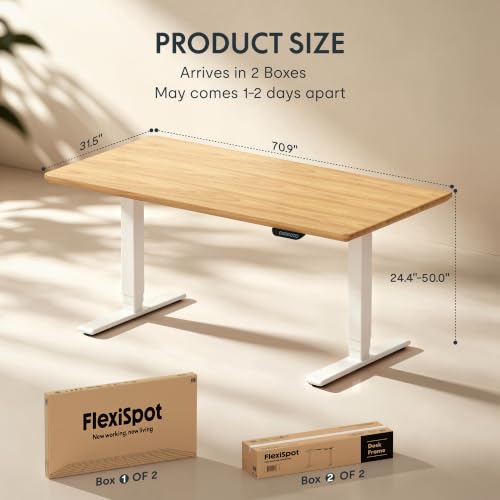 Image of FLEXISPOT E6 MAX Solid White Oak Wood Standing Desk 71 inchx31 inch, Solid Hardwood Ergonomic Beveled Desktop, Dual Motor 3-Stage Sit Stand Desk, Heavy-Duty Workstation Supports Up to 352 lbs (White Frame)