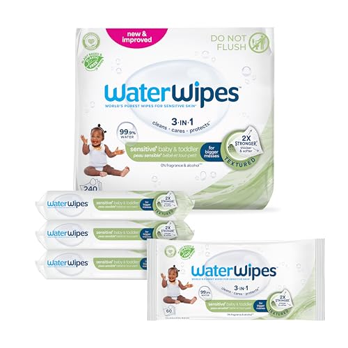 Image of WaterWipes Sensitive+ Baby & Toddler Wipes, 3-In-1 Cleans, Cares, Protects, 99.9% Water, Textured Clean, Unscented & Hypoallergenic, 240 Count (4 Packs)
