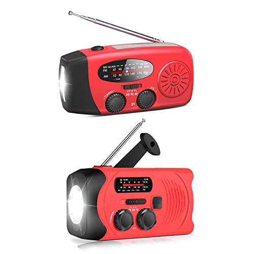 [Upgraded Version] Emergency Weather Am/Fm Noaa Solar Powered Wind Up Radio With Led Flashlight, 1000/2000Mah Power Bank For Cell Phone And Led Flashlight (Red) #TOP16