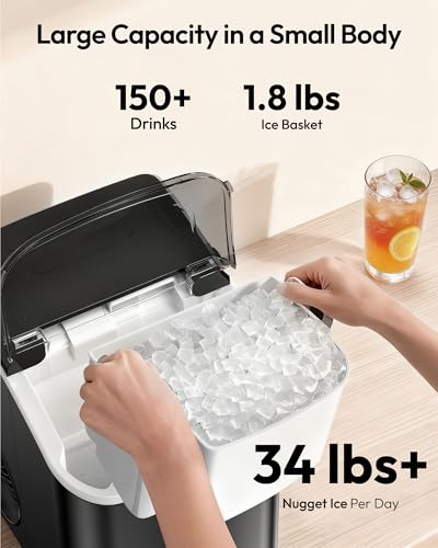 Image of EUHOMY Nugget Ice Maker Countertop with Handle, Ready in 6 Mins, 34lbs Per Day, Removable Top Cover, Self-Cleaning, Portable Sonic Ice Maker with Basket and Scoop, for Home /Party /RV /Camping(Black)