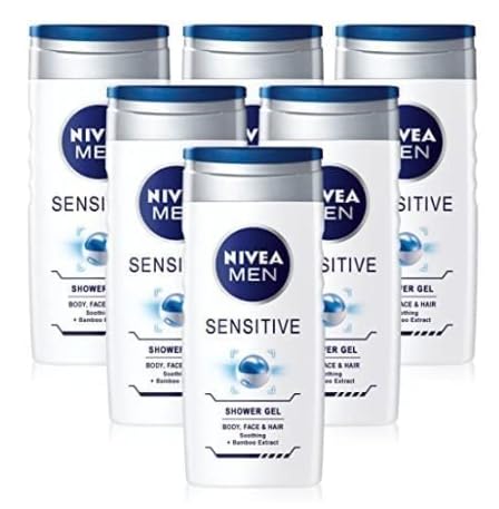 X6 Mens Nivea Body Wash Sensitive Shower Gel – Body Face and Hair 250 ml Alcohol Free…