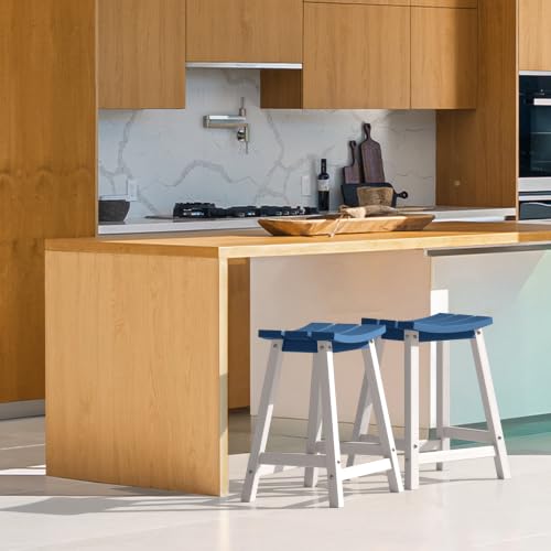 Image of Ciokea 2 Set 24 inch Outdoor Bar Stools Heavy Duty HDPE Counter Height Bar Stools Weatherproof Patio Seats Modern Waterproof BarStools for Bar Deck Balcony Counter Yard, White and Navy Blue