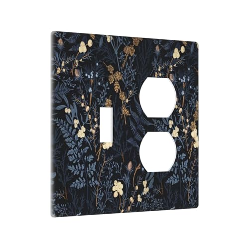 Decorative Outlet Covers Rustic Navy Dark Blue Leaves Golden Floral 2 Gang Outlet Cover Wall Plate Single Toggle Duplex Light Switch Cover Plate Switch Plate Covers for Bedroom Decor