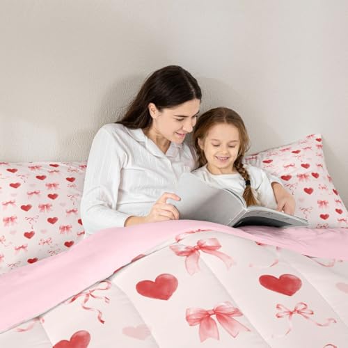 Image of Erosebridal Coquette Bow Full Comforter Set Love Heart Bedding Set for Kids Girls Ribbons Pink Valentine Bed Set Bowknot Bow Tie Princess Quilt Duvet