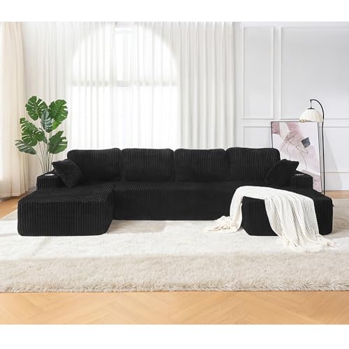 Image of 130 inch Modular Sectional Sleeper Sofa, Modern Cloud Sectional Sofa Couch with Cupholders and Storage, U Shape Boneless Couches for Living Room, Free Combination, No Assembly Required,Black