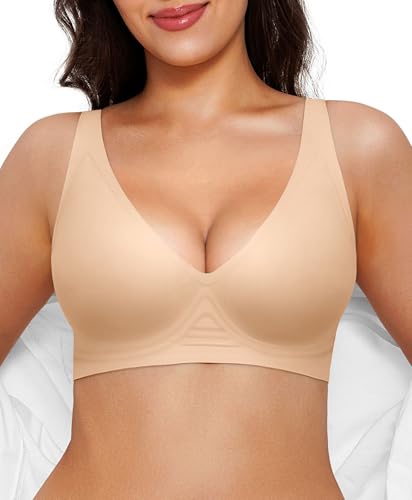 Seamless Bra Wireless Bras with Support and Lift Push Up Minimizer Bras for Women No Underwire Comfortable Comfy Deep V Bralettes Nude