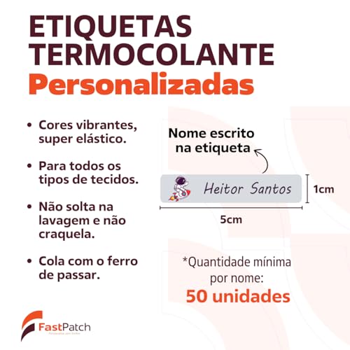 Kit 100 etiquetas termocolante personalizada para tecido roupas uniforme escolar - 5x1cm