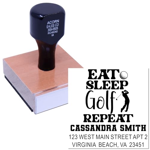 Image of Golf Lifestyle Wood Handle Rubber Stamp Personalized - for Shipping Labels | Any standard pad works. Custom Made Golf Stamp. Traditional Rubber Stamp. Nothing to dry out. Laser-cut lettering.