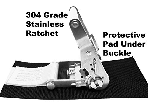 Customtiedowns 2 Inch X 10 Foot Stainless Steel Ratchet Strap, Protective Pad Under Buckle, Vinyl Coated S Hooks On Both Ends. (White) #TOP2