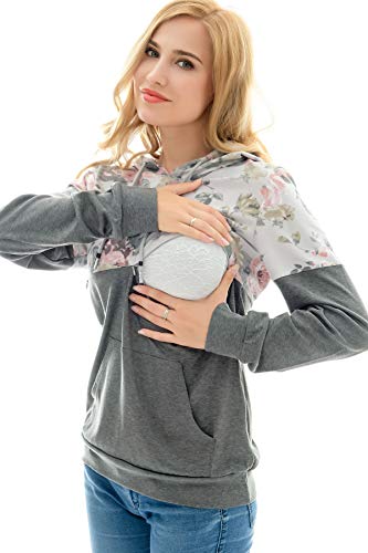 Bearsland Women's Maternity Breastfeeding Sweater Hoodie Nursing Sweatshirt With Pockets,Grayflower,L #TOP4