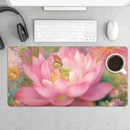 Image of Ethnic Lotus Flower Extended Gaming Mouse Pad, with Stitched Edges Large Mouse Pad Desk Protector, Rubber Base Mousepad Keyboard Mouses Mat for Work Game Office Home- 32 inch X 16 inch Inch