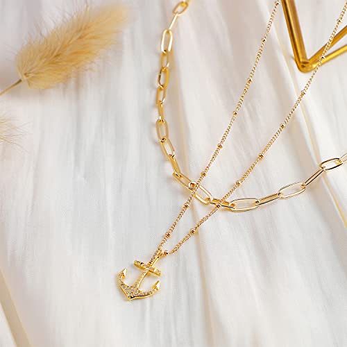 Mevecco Gold Layered Choker Necklace For Women, 18K Gold Plated Dainty Cz Anchor Pendant Minimalist Paperclip Double Layer Necklace For Jewelry Gifts #TOP3