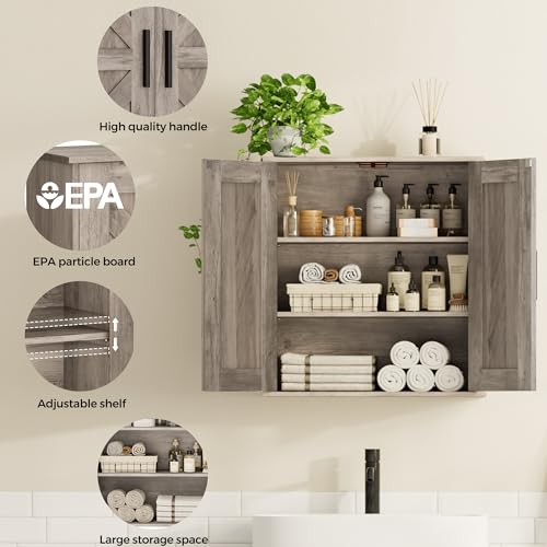 Homleke Bathroom Wall Cabinet, Over Toilet Storage Cabinet with Barn Doors and Adjustable Shelves, 3-Tier Medicine Cabinet Wall Mounted, for Bathroom, Kitchen, Entryway, Laundry Room, Greige, (7.9" D) by Homleke - Image 4