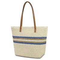 Aucuu Strohtasche, Stroh Strandtasche für Frauen, Strandtasche Damen, Stroh Handtasche mit Ledergriffe und Reißverschluss, Groß Schultertasche Umhängetasche für Urlaub Reisen Strand Sommer