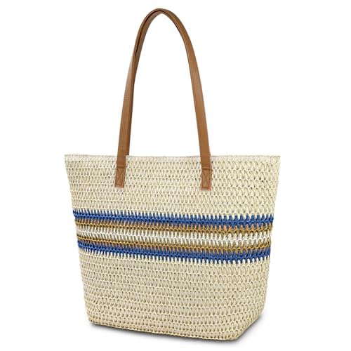 Aucuu Bolso de Paja para Mujer, Grande Bolso de Playa Bolso con Cremallera, Bohemio de Verano Playa Viajes al Aire Libre