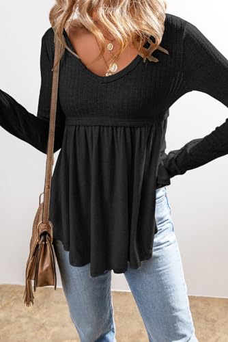 MARZXIN Women's 2025 Fall Long Sleeve Casual T-Shirt Textured Long Sleeve V Neck Babydoll Tunic Tops4