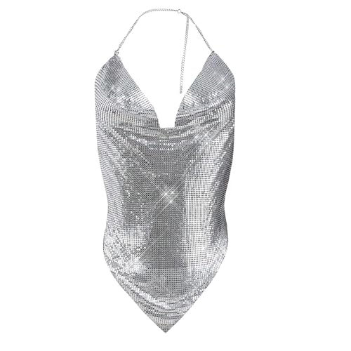 Women's Metallic Mesh Cowl Neck Halter Top Girls Sexy Sparkly Deep V Neck Crop Tank Top for Night Club Stage Performance