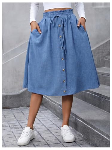 Verdusa Women's Button Paperbag Drawstring Waist Skirts A Line Flowy Denim Midi Skirt with Pocket3