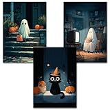 LAVEMA Halloween Poster Set A4 (3er Set) Wanddeko mit Geist & schwarzer Katze...