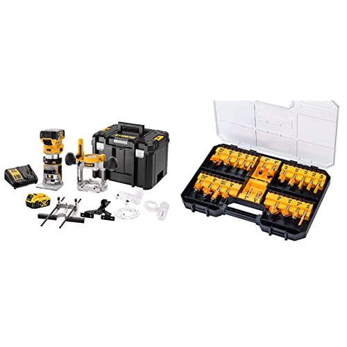 DEWALT DCW 604 P2 Akku Kombifräse 18V 55 mm + 2x Akku 5,0Ah + Ladegerät + TSTAK & Fräser-Set 22 tlg. (Nutfräser, Zinkenfräser, Hohlkehlfräser, in Aufbewahrungsbox mit Klarsichtdeckel) DT90017-QZ