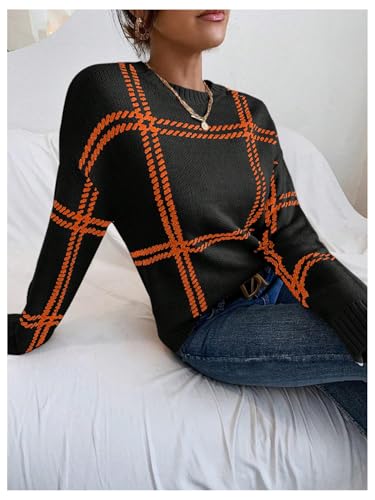 Image of MakeMeChic Women's Drop Shoulder Plaid Pattern Sweater Long Sleeve Round Neck Tops Casual Loose Pullovers Tops Black X-Small