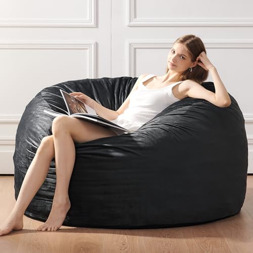 Image of Bean Bag Chairs for Adults - Memory Foam Furniture BeanBag Chair - Kids /Teens Sofa with Soft Micro Fiber Cover - Round Fluffy Couch for Living Room Bedroom College Dorm, Carbon Black