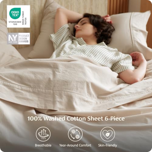 Image of Bedsure PureWoven 100% Washed Cotton Sheets Queen, Linen-Like Feel, 6PCS