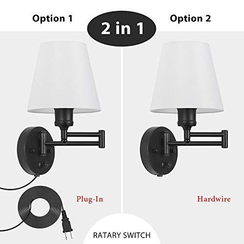 Plug in Wall Sconce Set of 2, Swing Arm Wall Light Fixtures with White Fabric Lampshade, Modern Reading Wall Lights for Bedroom Hallway Living Room - Thumbnail 4