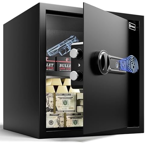 XDeer Biometric Safe Lock Box - 1.60 Cubic Feet Fingerprint Safe for,withSilent Mode and LED Light, Money safe for Home box, Office,and Kid,Anti-Theft Cover