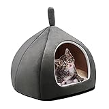 Diseño plegable 2 en 1. El diseño de hada con una entrada triangular proporciona a tu mascota un espacio privado para dormir y crea una agradable sensación de seguridad. La parte superior se pliega para formar una cómoda alfombrilla para mascotas, la alfombrilla abierta hace que sea una cama ideal para los gatos que se mordisqueen.