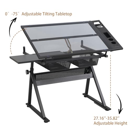 AOPNOMU Drafting Table with Stool, Height Adjustable Art Desk with Tilting Tempered Glass Tabletop, Expansion Board, and Multi-Storage, Drawing Table for Studio, Artists, Home Office, Painters, Black