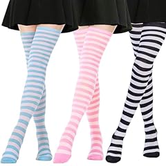 3 Pair Extra Long: White-blue Stripe, White-pink Stripe, White-black Stripe