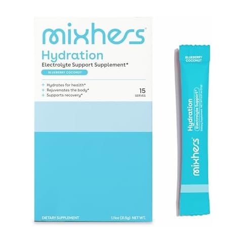 MIXHERS Hydration - Electrolyte Drink Mix for Women - for Hydration, Energy & Mineral Support - with Sodium, Calcium & More - No Added Sugars - 15 Hydration Packets - Blueberry Coconut Cover