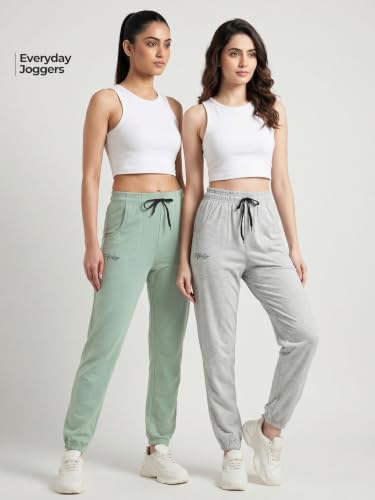 Image of Fflirtygo Cotton Solid Joggers /Track Pant /Solid Pajama /Leggings �100% Export Quality Soft Cotton Night Wear /Pocket Pyjama for Women Combo Pack of 2Pcs, Blue and Grey