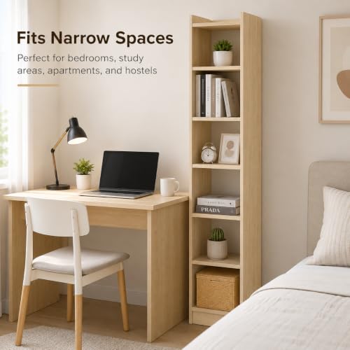 Image of FURLAY SlimTower 180 cm Tall Bookshelf, 6-Tier Slim Open Shelf Organizer, Space Saving Book Rack for Bedroom, Study Room, Living Room, Office, Kids Room & Decor Storage (FWBS7L-Classic Oak)