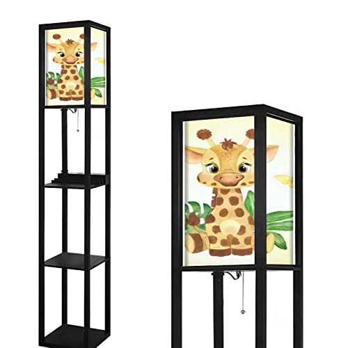 Watercolor Little Giraffe Animal African Animal Baby Animal Nursery Floor Lamp with Shelves USB Ports & Power Outlet Linen Fabric Shade Corner Tall Lamp Modern Standing Lamp for Living Room Bedroom